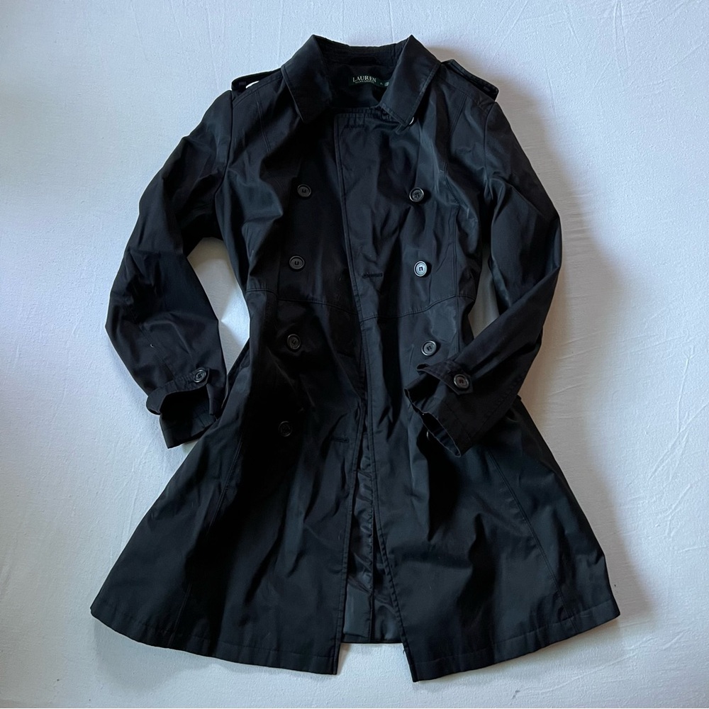 Ralph Lauren Black Double Breasted Trench Coat Fit & Flare Classic